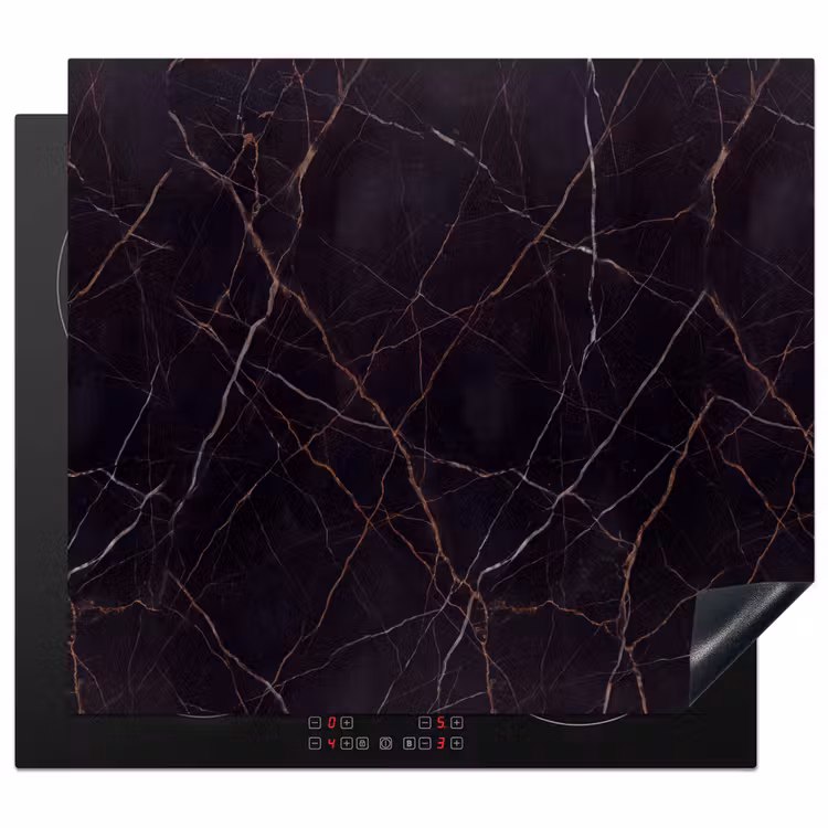 Natuursteen - Marmerpatroon - Abstract - Modern - Zwart - Goud Inductie beschermer vinyl 3mm middel -3d