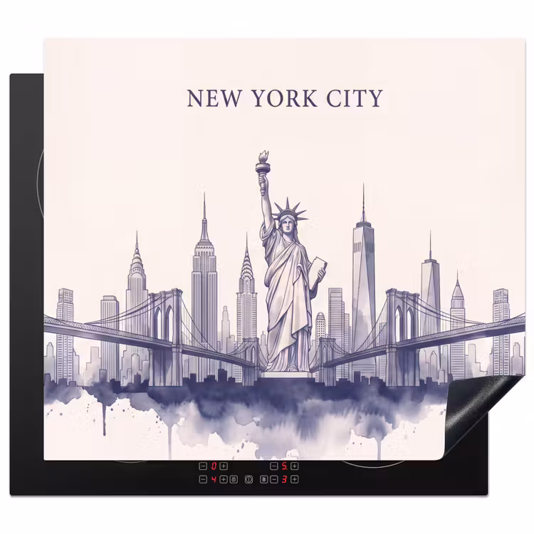 New York - Vrijheidsbeeld - Skyline - Illustratie - Blauw Inductie beschermer vinyl 3mm middel -3d