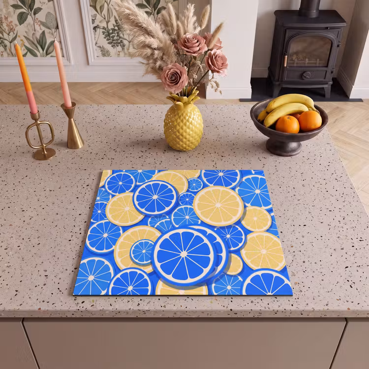 Fruit - Schijven - Patroon - Modern - Blauw - Geel Inductie beschermer vinyl 3mm middel -sfeer3