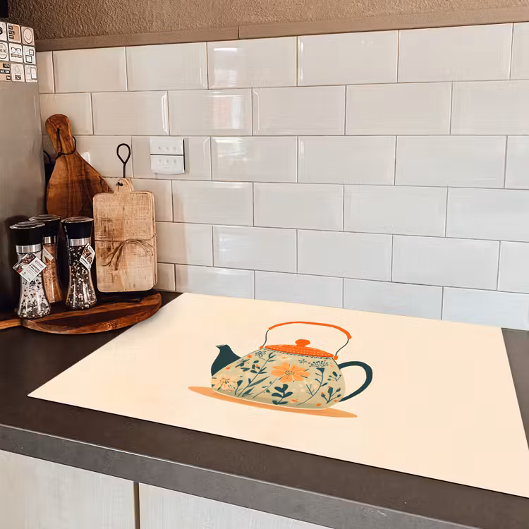Oranje - Theepot - Bloemen - Bladeren Inductie beschermer vinyl 3mm klein -sfeer3