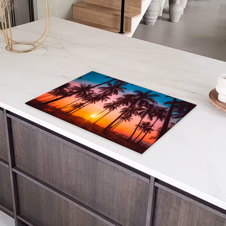 Palmboom - Zonsondergang - Horizon - Strand - Oranje - Roze Inductie beschermer vinyl 3mm klein -sfeer8