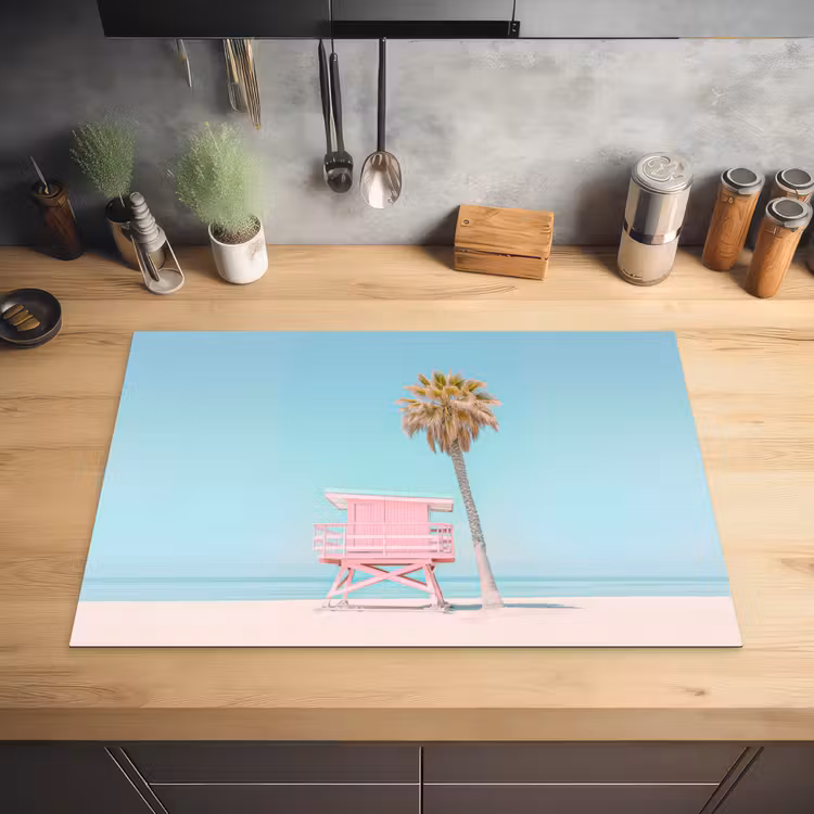 Palmboom - Strandhuis - Roze Inductie beschermer vinyl 3mm klein -sfeer5