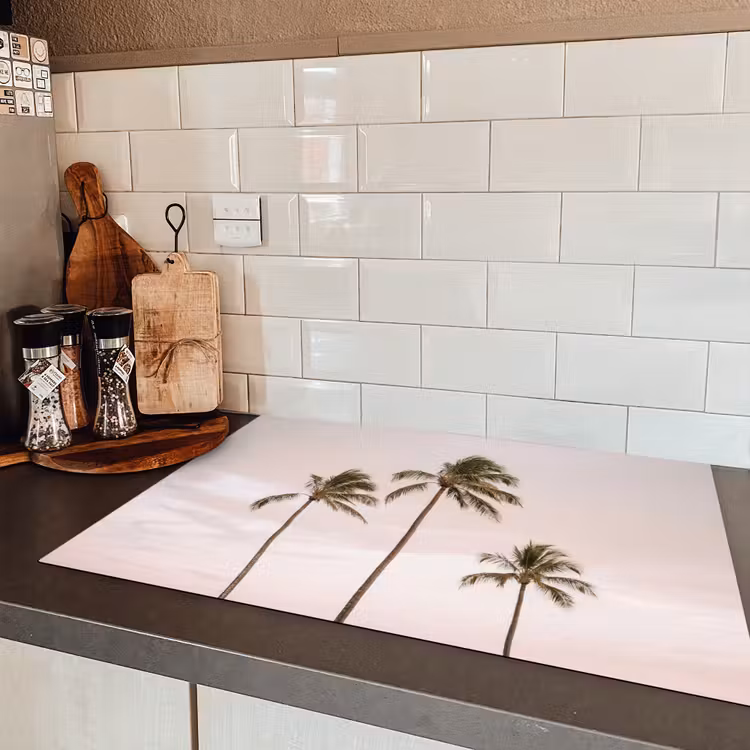 Palmbomen - Zonsondergang - Roze Inductie beschermer vinyl 3mm klein -sfeer3