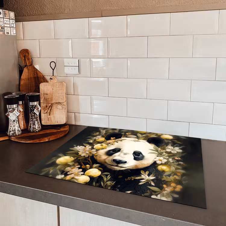 Panda - Pandabeer - Wilde dieren - Natuur - Bloemen Inductie beschermer vinyl 3mm groot -sfeer3