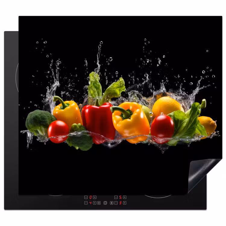 Paprika - Water - Groente - Zwart Inductie beschermer vinyl 3mm middel -3d