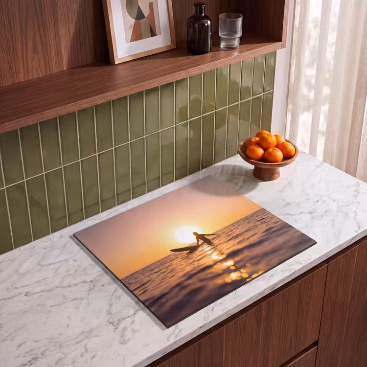 Persoon - Surfen - Zonsondergang - Zee - Oranje Inductie beschermer vinyl 3mm middel -sfeer8