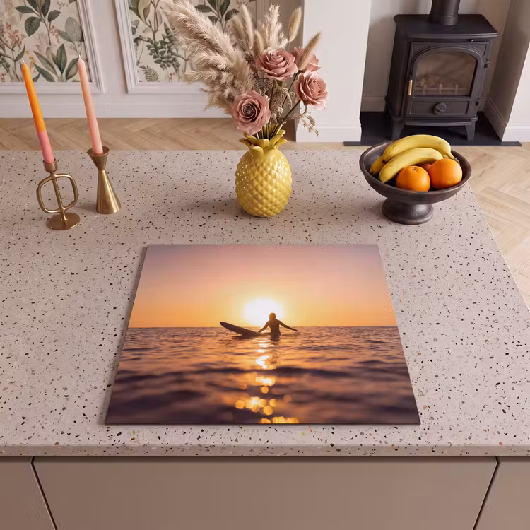 Persoon - Surfen - Zonsondergang - Zee - Oranje Inductie beschermer vinyl 3mm middel -sfeer3