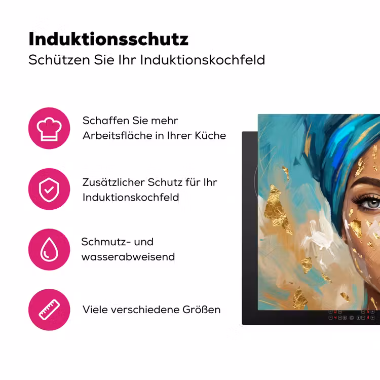 Portret - Vrouw - Schilderij - Blauw - Goud - Expressief Inductie beschermer vinyl 3mm klein -zzzzzzz-lf-ups