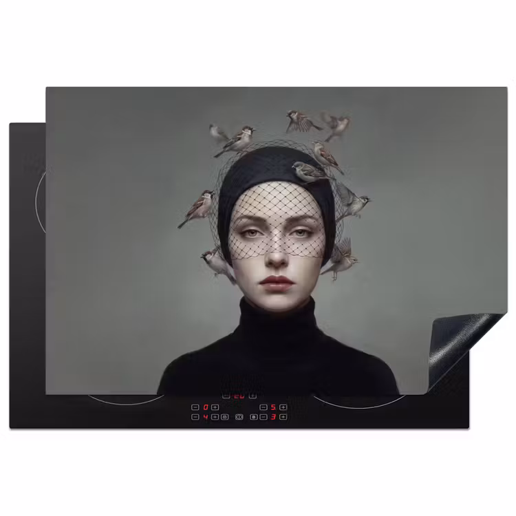 Portret - Vogels - Zwart Inductie beschermer vinyl 3mm klein -3d