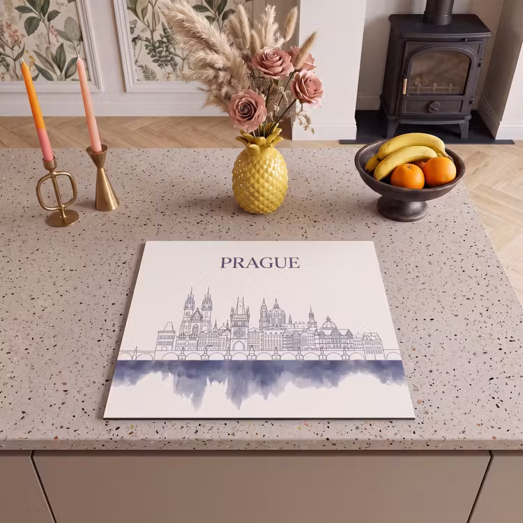 Praag - Skyline - Architectuur - Blauw Inductie beschermer vinyl 3mm middel -sfeer3