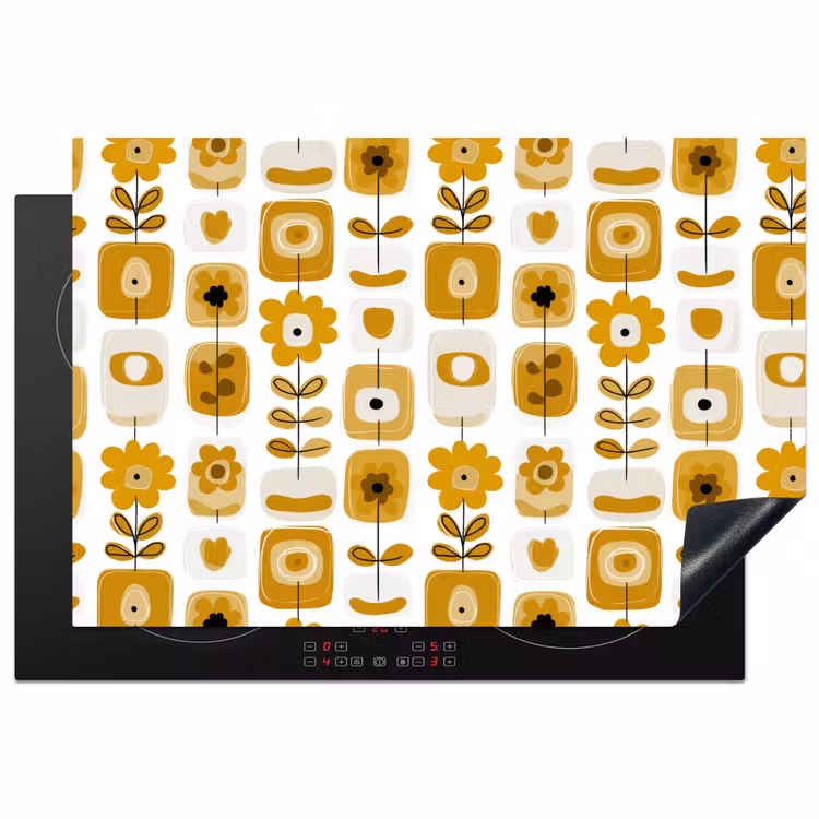 Retro - Abstract - Bloemen - Okergeel Inductie beschermer vinyl 3mm klein 276 -3d