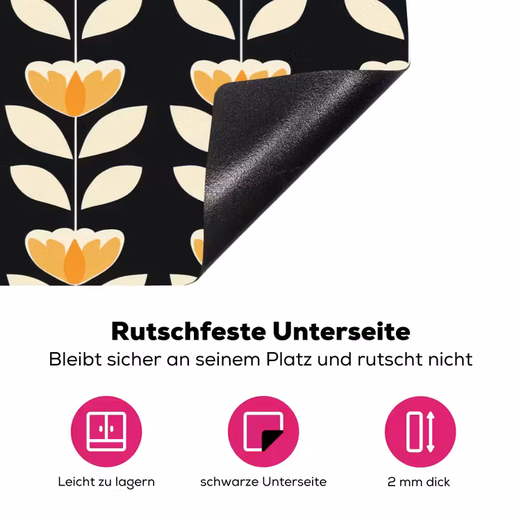 Retro - Bloem - Zwart - Okergeel Inductie beschermer vinyl 3mm klein 276 -zzzzzzz-lf-onderkant