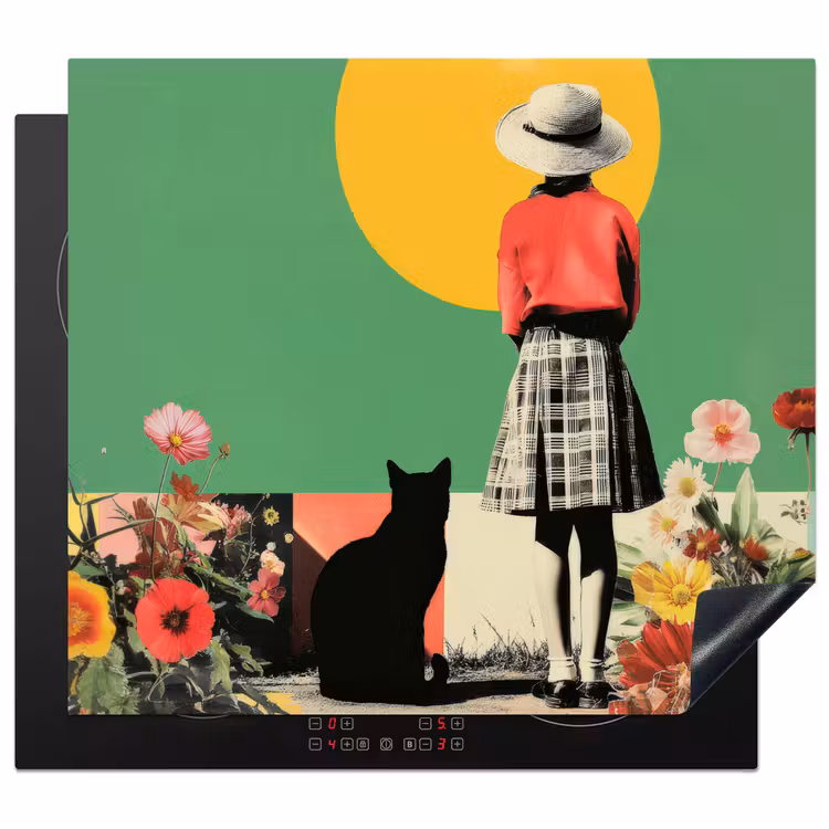 Herdabdeckplatte - Retro - Mädchen - Katze - Sonne