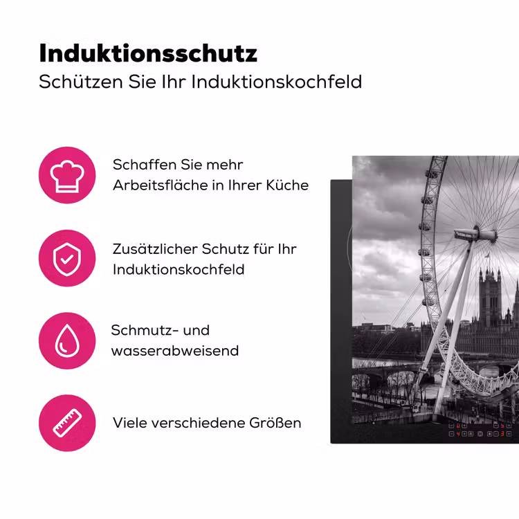 Reuzenrad - Klokkentoren - Architectuur - Zwart-wit - Stad Inductie beschermer vinyl 3mm middel -zzzzzzz-lf-ups