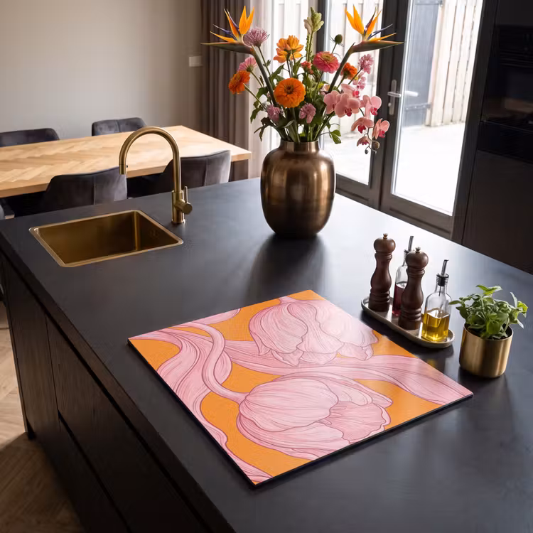 Herdabdeckplatte - Rosa Blumen – Modern - Roze bloemen - Modern Inductie beschermer vinyl 3mm middel