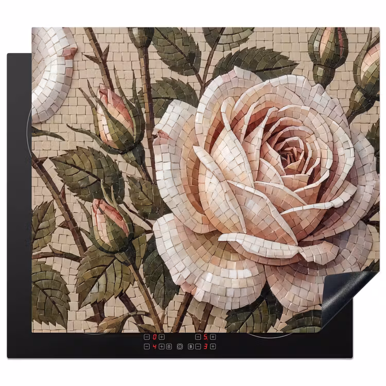 Roos - Mozaïek - Bloemen - Klassiek - Beige Inductie beschermer vinyl 3mm middel -3d
