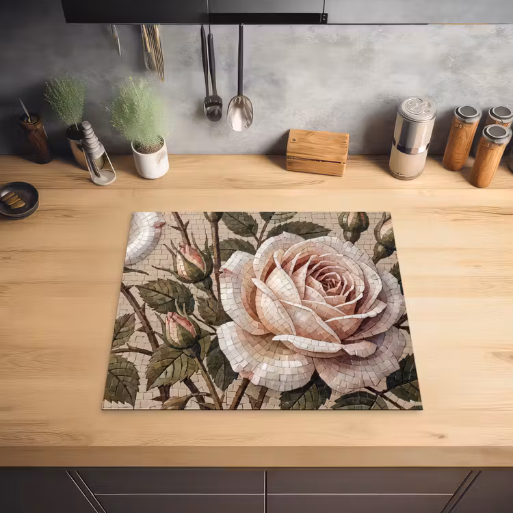 Roos - Mozaïek - Bloemen - Klassiek - Beige Inductie beschermer vinyl 3mm middel -sfeer5