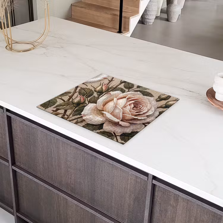 Roos - Mozaïek - Bloemen - Klassiek - Beige Inductie beschermer vinyl 3mm middel -sfeer8