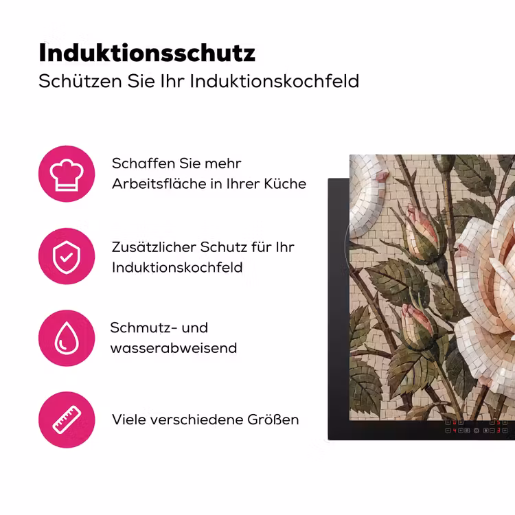 Roos - Mozaïek - Bloemen - Klassiek - Beige Inductie beschermer vinyl 3mm middel -zzzzzzz-lf-ups