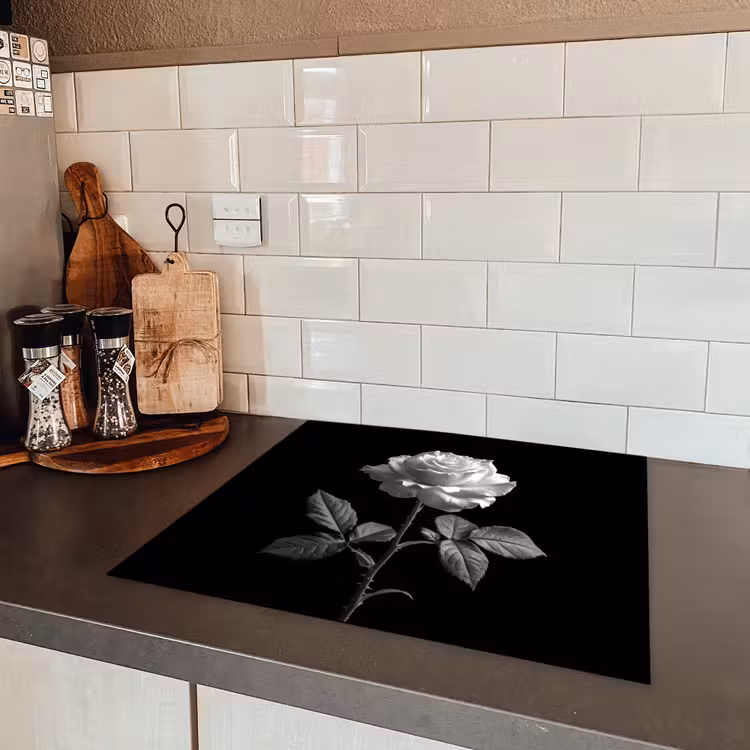 Roos - Zwart-wit - Bloem Inductie beschermer vinyl 3mm middel -sfeer3