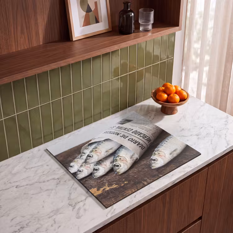 Herdabdeckplatte - Sardine – Zeitung – Schneidebrett - Sardientje - krant - snijplank Inductie beschermer vinyl 3mm middel