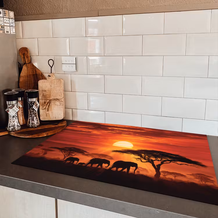 Savanne - Olifanten - Zonsondergang Inductie beschermer vinyl 3mm klein -sfeer3