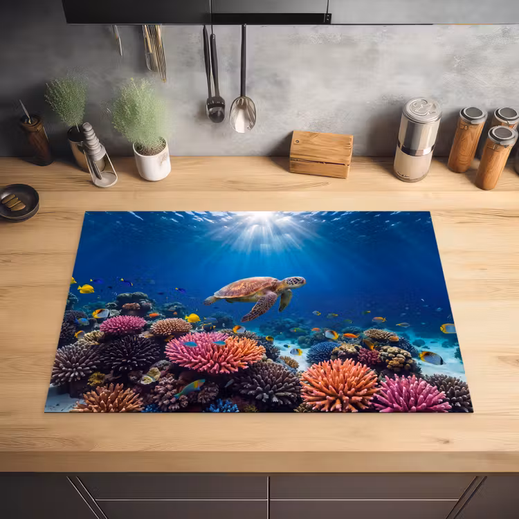 Schildpad - Koraalrif - Oceaan - Dieren - Blauw Inductie beschermer vinyl 3mm klein -sfeer5
