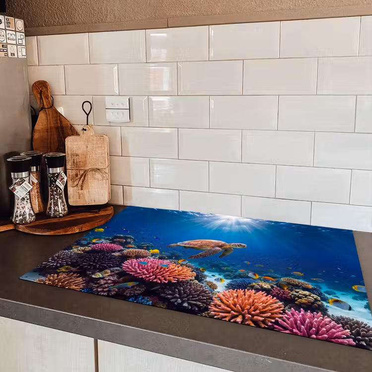 Schildpad - Koraalrif - Oceaan - Dieren - Blauw Inductie beschermer vinyl 3mm klein -sfeer3