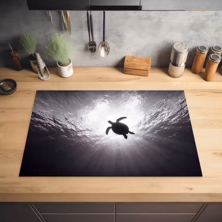 Schildpad - Onderwater - Lichtstralen - Oceaan - Zwart-wit Inductie beschermer vinyl 3mm klein -sfeer5