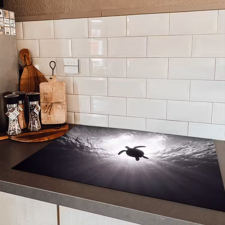 Schildpad - Onderwater - Lichtstralen - Oceaan - Zwart-wit Inductie beschermer vinyl 3mm klein -sfeer3