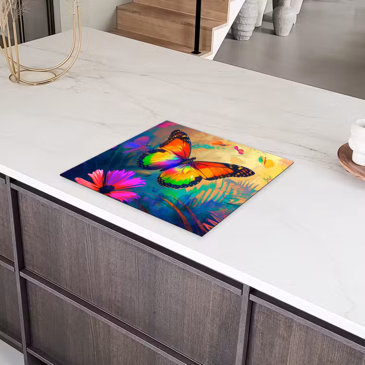 Vlinder - Planten - Kleurrijk - Roze - Bloemen Inductie beschermer vinyl 3mm middel -sfeer8