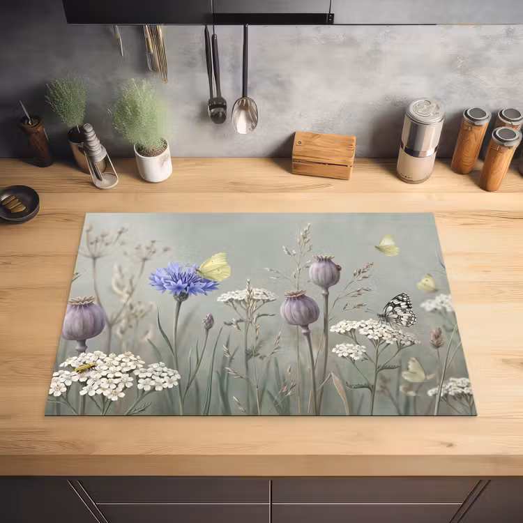 Vlinders - Wildbloemen - Illustratie - Kleurrijk Inductie beschermer vinyl 3mm klein -sfeer5