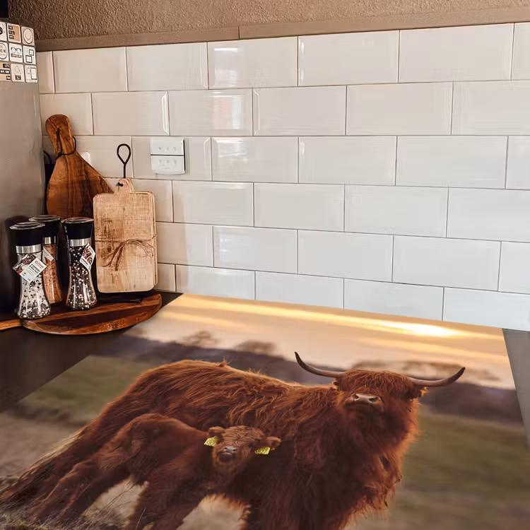 Schotse hooglander - Dieren - Landschap - Zonsondergang - Koe Inductie beschermer vinyl 3mm middel -sfeer3