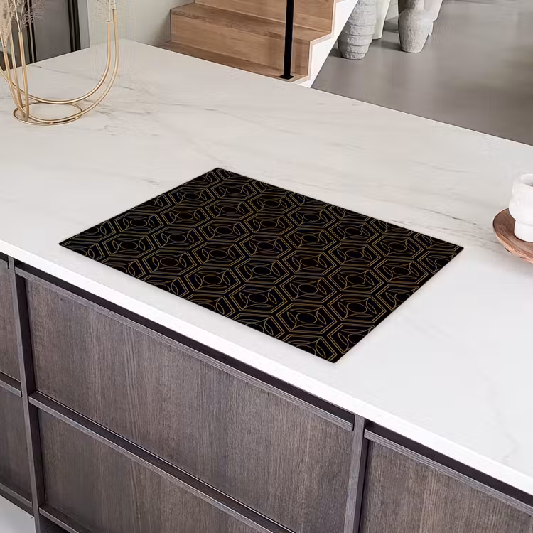 Zwart - Goud - Bloemenkern Inductie beschermer vinyl 3mm klein 276 -sfeer8
