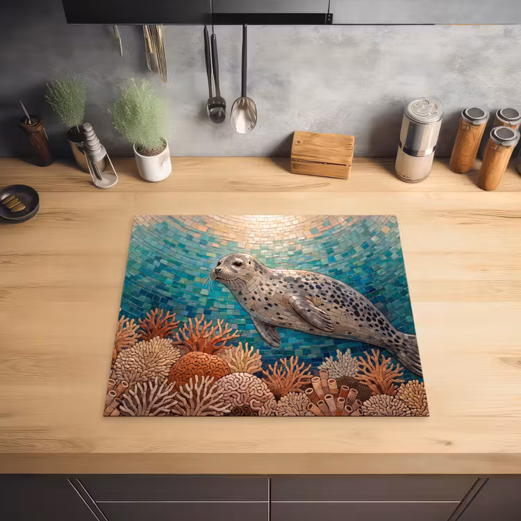 Zeehond - Mozaïek - Onderwater - Dieren - Blauw Inductie beschermer vinyl 3mm middel -sfeer5