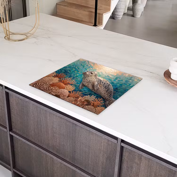 Zeehond - Mozaïek - Onderwater - Dieren - Blauw Inductie beschermer vinyl 3mm middel -sfeer8