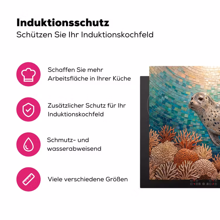 Zeehond - Mozaïek - Onderwater - Dieren - Blauw Inductie beschermer vinyl 3mm middel -zzzzzzz-lf-ups