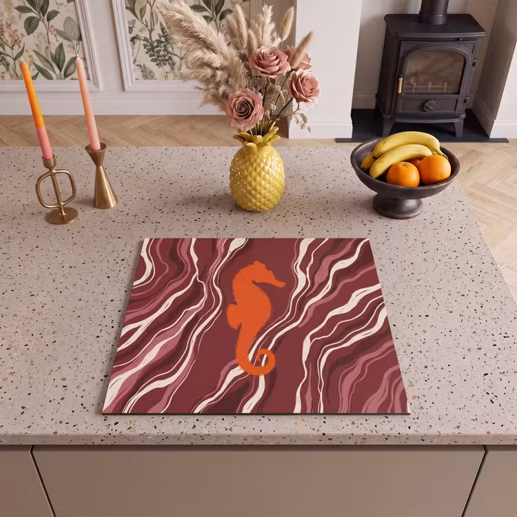 Zeepaardje - Golven - Zeeleven - Abstract - Oranje Inductie beschermer vinyl 3mm middel -sfeer3