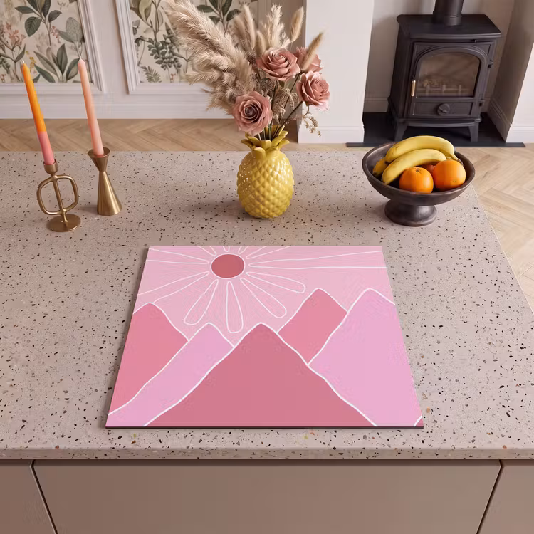 Zon - Bergen - Natuur - Abstract - Roze Inductie beschermer vinyl 3mm middel -sfeer3