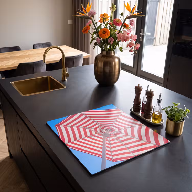 Parasol - Strepen - Zomer - Rood - Blauw Inductie beschermer vinyl 3mm middel -sfeer5