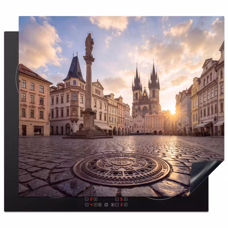 Stad - Praag - Ochtend - Architectuur - Goud Inductie beschermer vinyl 3mm middel -3d