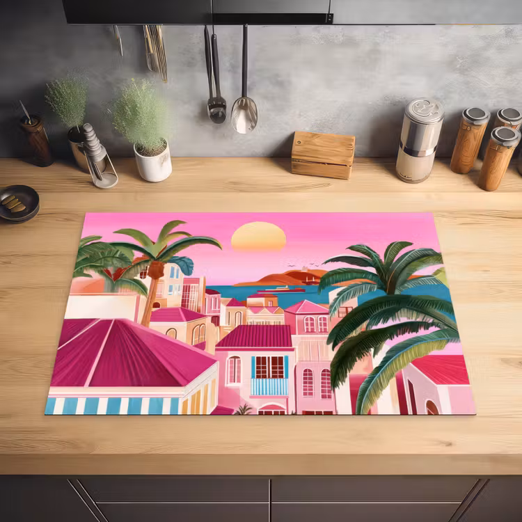 Stad - Roze - Palmbomen Inductie beschermer vinyl 3mm klein -sfeer5