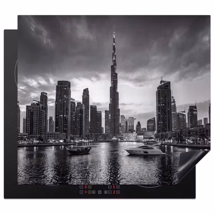 Stad - Skyline - Architectuur - Avond - Zwart-wit Inductie beschermer vinyl 3mm middel -3d
