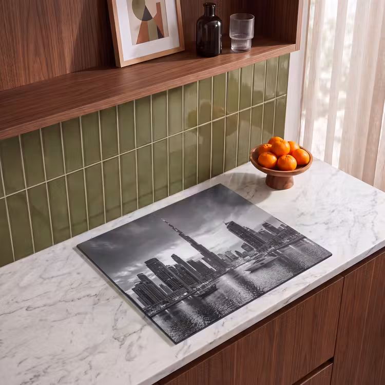 Stad - Skyline - Architectuur - Avond - Zwart-wit Inductie beschermer vinyl 3mm middel -sfeer8