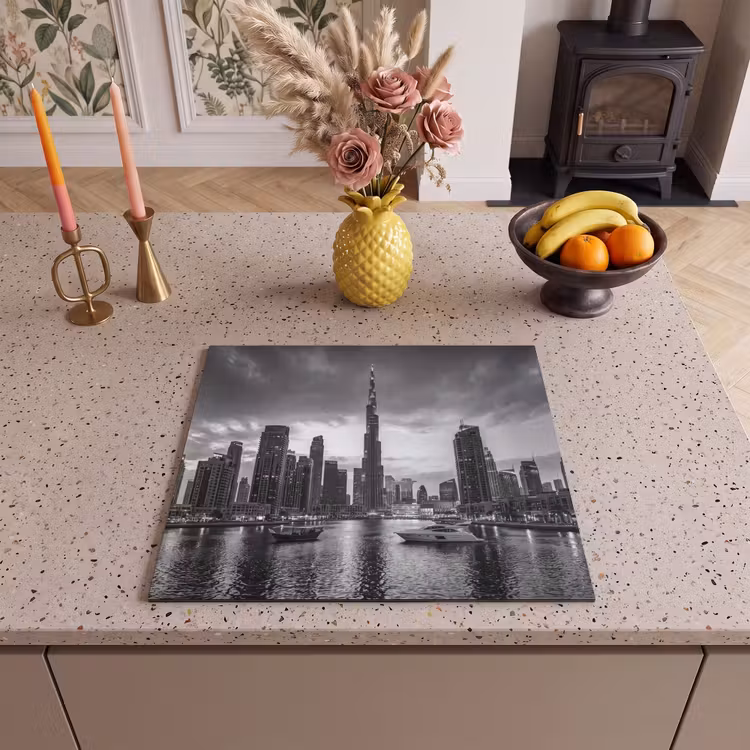 Stad - Skyline - Architectuur - Avond - Zwart-wit Inductie beschermer vinyl 3mm middel -sfeer3