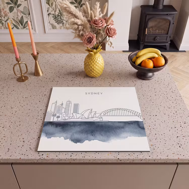 Stad - Skyline - Architectuur - Minimalistisch - Blauw Inductie beschermer vinyl 3mm middel -sfeer3