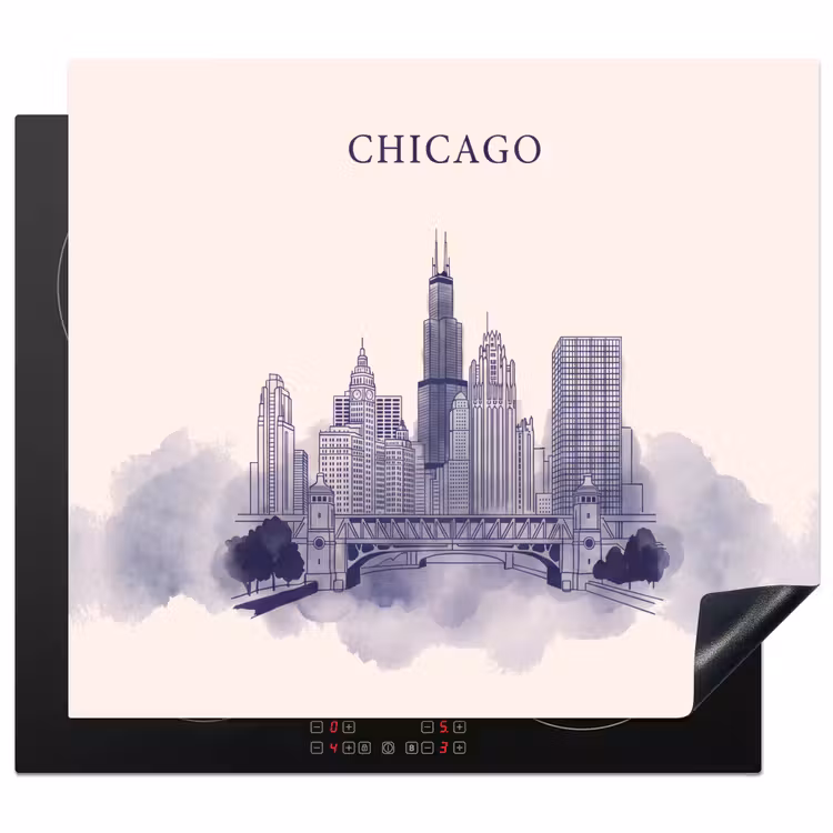 Stad - Skyline - Architectuur - Lijntekening - Blauw Inductie beschermer vinyl 3mm middel -3d
