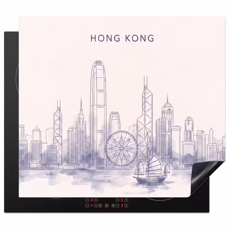 Stad - Skyline - Water - Lijntekening - Blauw Inductie beschermer vinyl 3mm middel -3d