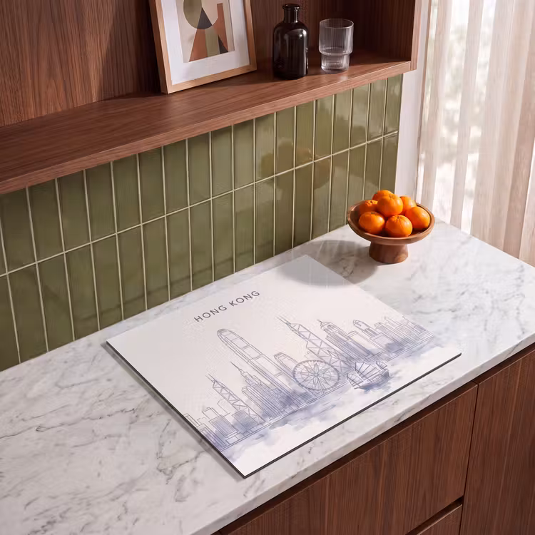 Stad - Skyline - Water - Lijntekening - Blauw Inductie beschermer vinyl 3mm middel -sfeer8