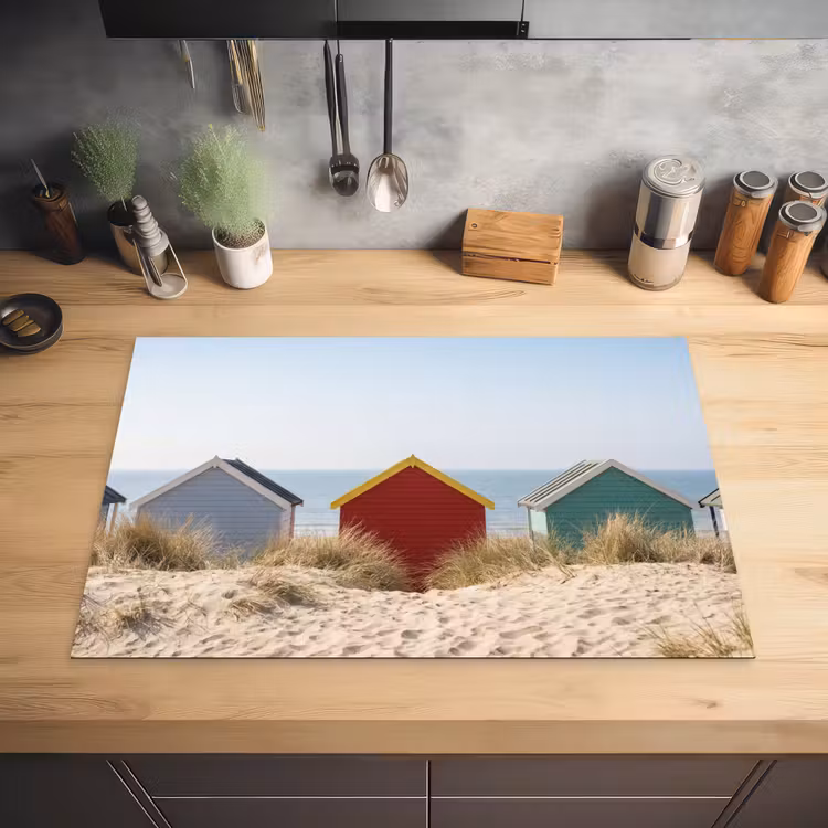 Strand - Huisjes - Kleurrijk - Duinen Inductie beschermer vinyl 3mm klein -sfeer5